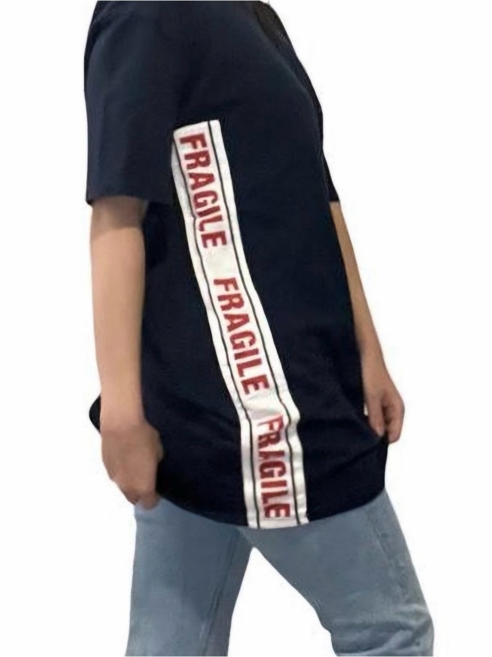 Zara Navy Tee with White and Red 'Fragile' Side Tape S